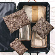 monogrammed leopard packing bags in suitcase