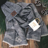 camo monogrammed scarf with beanie and coffee mug
