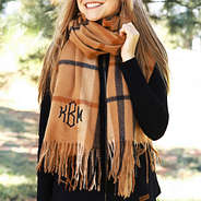 tan, black, & camel plaid scarf with fringe