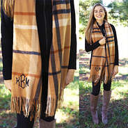 monogram detail on plaid fringe scarf