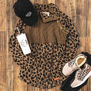 asymmetrical snap fleece pullover in leopard print with sneakers and baseball hat