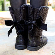 onyx leopard sherpa tie booties back bow