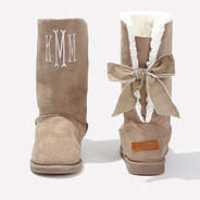 monogrammed sherpa tie booties in tan - new