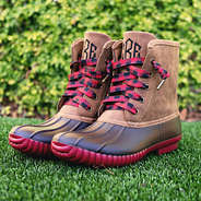 buffalo plaid lace duck boots on grass