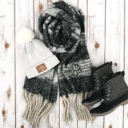 charcoal monogrammed scarf with monogrammed beanie and monogrammed duck boots