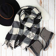 monogrammed check scarf with duck boots