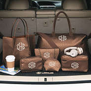 monogrammed metallic leopard travel collection in trunk