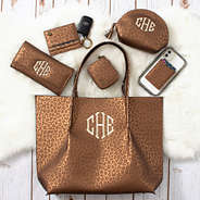 brown metallic leopard tote with matching accessories