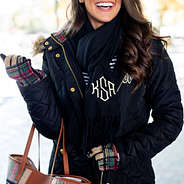 black monogrammed soft scarf with coat and gloves