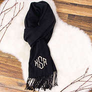 black fringe cashmere feel scarf with monogram
