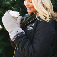 grey fur mittens with winter coat