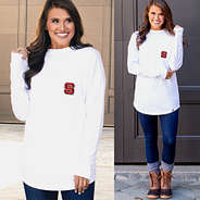 white nc state long sleeve shirt with jeans and duck boots