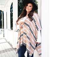 neutral striped kimono with white shirt and black wide brim hat