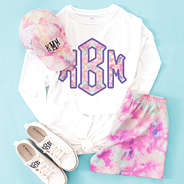tie dye shorts with monogrammed tie dye t-shirt