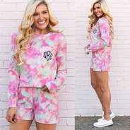 cozy loungewear outfit with tie dye sweatshirt and shorts