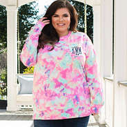 monogrammed tie dye terry sweatshirt on porch