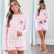 monogrammed gingham sweatshirt with coffee