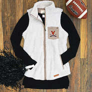 ivory sherpa vest with orange & blue uva logo