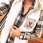 virginia sherpa vest selfie with plaid shirt