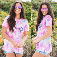 front and side shot of monogrammed tie dye shirt