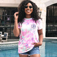 monogrammed tie dye t-shirt with jean shorts