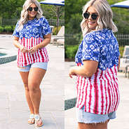 mid size model in monogrammed americana tie dye t-shirt