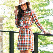 tan wide brim hat with monogrammed plaid dress
