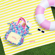 personalized beach towel in sunshine stripes with pool float