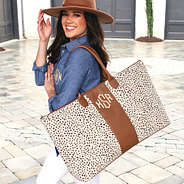 monogramed spring leopard weekender on shoulder
