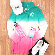 monogrammed corded snap pullover with sneakers and baseball hat