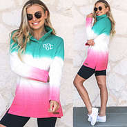 monogrammed corded pullover in mint and pink ombre with bike shorts and sneakers