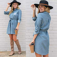 front and back views of monogrammed chambray dress with riding boots