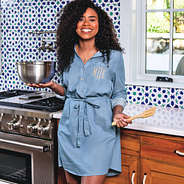 monogrammed chambray dress in kitchen