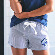 navy seersucker sleep shorts up close