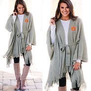 gray auburn poncho wrap with striped tunic, jeans and riding boots