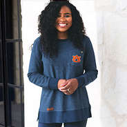 girl wearing navy auburn corded sweatshirt