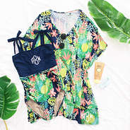 monogrammed swimsuit cover up in navy tropical with one piece swimsuit