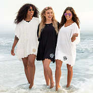 monogrammed bathing suit cover ups in white metallic dottie and black on beach