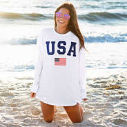 red white and blue usa shirt at beach