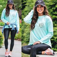 mint monogrammed casual sweatshirt with leggings and sneakers