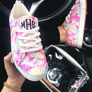 monogrammed tie dye sneaker shoefie in car