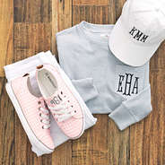 pink monogrammed gingham sneakers with monogrammed coastal crewneck and baseball hat