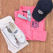 monogrammed seersucker sneakers with monogrammed popover and monogrammed baseball hat