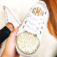 monogrammed gold leopard sneakers selfie