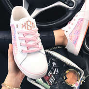 monogrammed watercolor sneakers in car