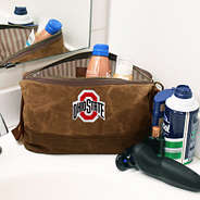 ohio state canvas dopp kit on bathroom counter