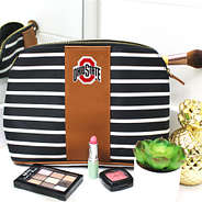 ohio state cosmetic bag on bathroom counter