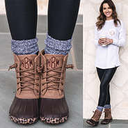 leopard bottom duck boots with duck boot socks and white long sleeve shirt