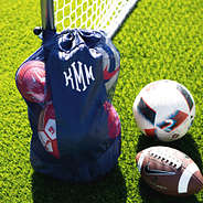 navy backpack bag with sports balls