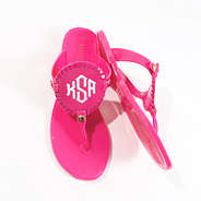 hot pink monogrammed flip flops front and side